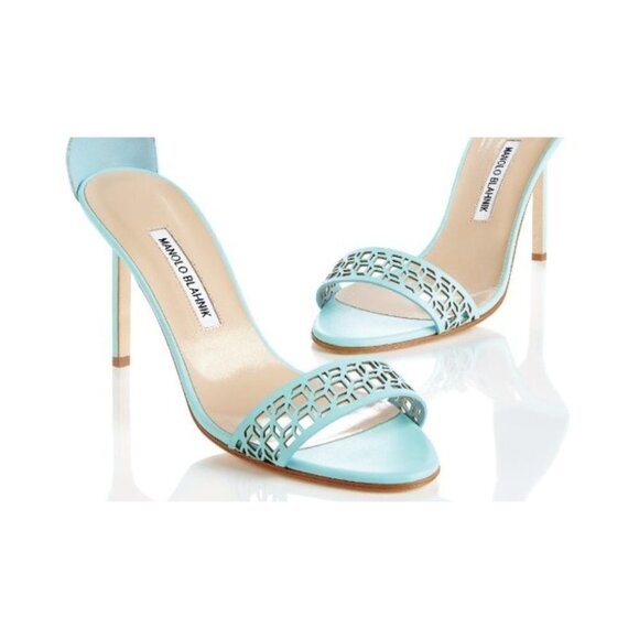Manolo  Blahnik Maurila Turquoise Geometric Laser Cut Sandal Heels Leather 41 - Picture 16 of 16